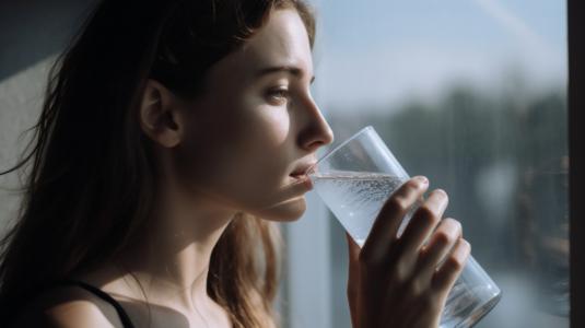A young woman with long brown hair drinks a glass of water while gazing out of a sunlit window. Natural light highlights her face, creating a serene and reflective mood. The background is blurred, showing an outdoor view through the window.