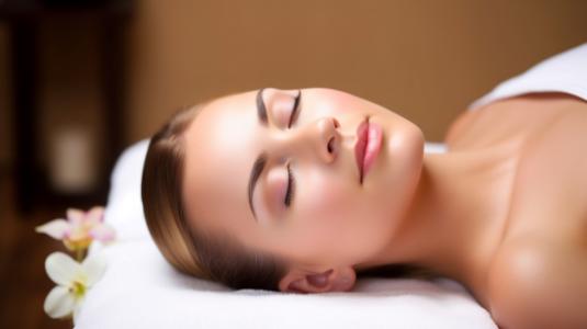 A young woman with smooth skin and a relaxed expression lies on a massage table with her eyes closed. She is draped in a white towel, and delicate flowers are placed nearby, creating a spa-like ambiance. The background is softly blurred, enhancing the tranquil and soothing atmosphere